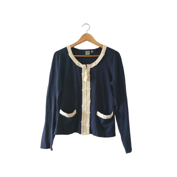 Anthropologie HWR Women's Navy Lace Cardigan Large Preppy Cottage Career - Picture 4 of 11